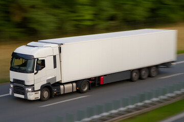 White European Semi-Truck with Box Trailer on Forest Highway – Motion Blur Concept
