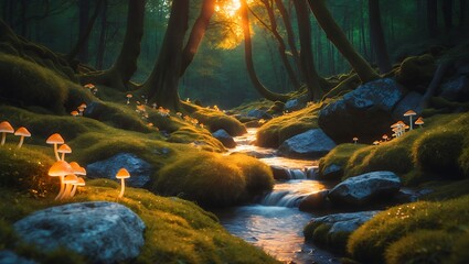 Obraz premium Forest Stream with Mushrooms and Golden Sunlight Filtering Through Trees