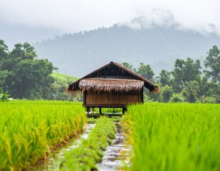 Fototapeta premium A calming rural scene featuring a small hut in the distance amidst falling rain over green farmland. The image captures the serenity of monsoon in the countryside, with earthy textures, misty air, and
