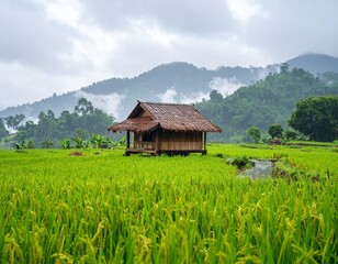 A calming rural scene featuring a small hut in the distance amidst falling rain over green farmland. The image captures the serenity of monsoon in the countryside, with earthy textures, misty air, and