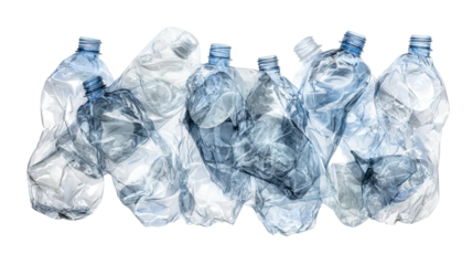 Transparent plastic bottles crushed flat, background isolated on a Transparent background, PNG file.