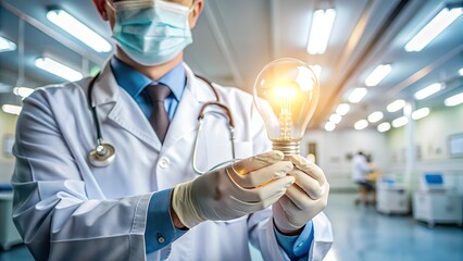 Doctor Holds a Lightbulb Representing Innovation and New Ideas in Medicine