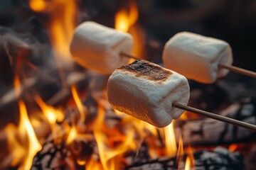 Delicious marshmallows roasting over a campfire, creating a perfect camping treat