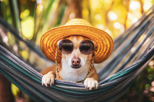 Dog wearing sunglasses and sunhat relaxing in a hammock, tropical background, summer vibes - Powered by Adobe