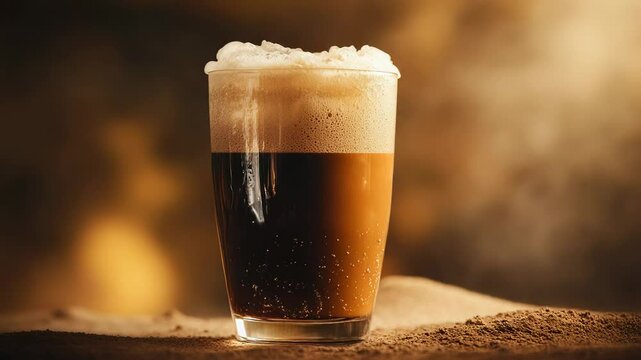 Bartender pouring stout beer into glass with foam head on bar counter