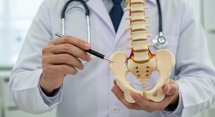 Doctor explaining human spine anatomy using anatomical model, close-up view.