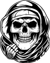 SVG of a hip hop gangster skeleton with bold urban style and tattoo design. Grim Reaper with Skull and Scarf in Bold Black and White Design