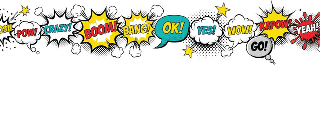 Comic book speech bubbles vector art design with boom bang pow kapow wow yeah go ok crazy and oosh