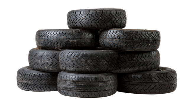 Used car tires stacked for recycling background isolated on a Transparent background, PNG file.
