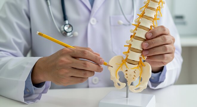 Close-up of a Doctor's Hands Holding and Examining a Lumbar Spine Model with a Pencil, Illustrating Spinal Anatomy and Healthcare Concepts.