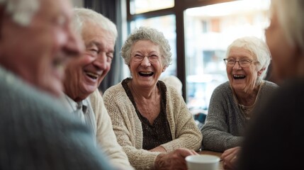 Group of happy older people laughing together on a coffee meeting at nursing home, no logos, no brands