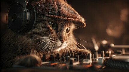 Focused tabby cat with headphones and cap mixing music on a dj console