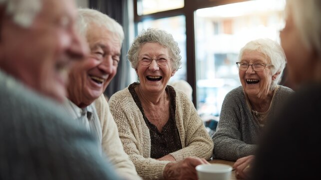 Group of happy older people laughing together on a coffee meeting at nursing home, no logos, no brands
