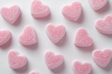 Fototapeta premium Sugary pink heart-shaped candies arranged on a white background creating a delightful pattern