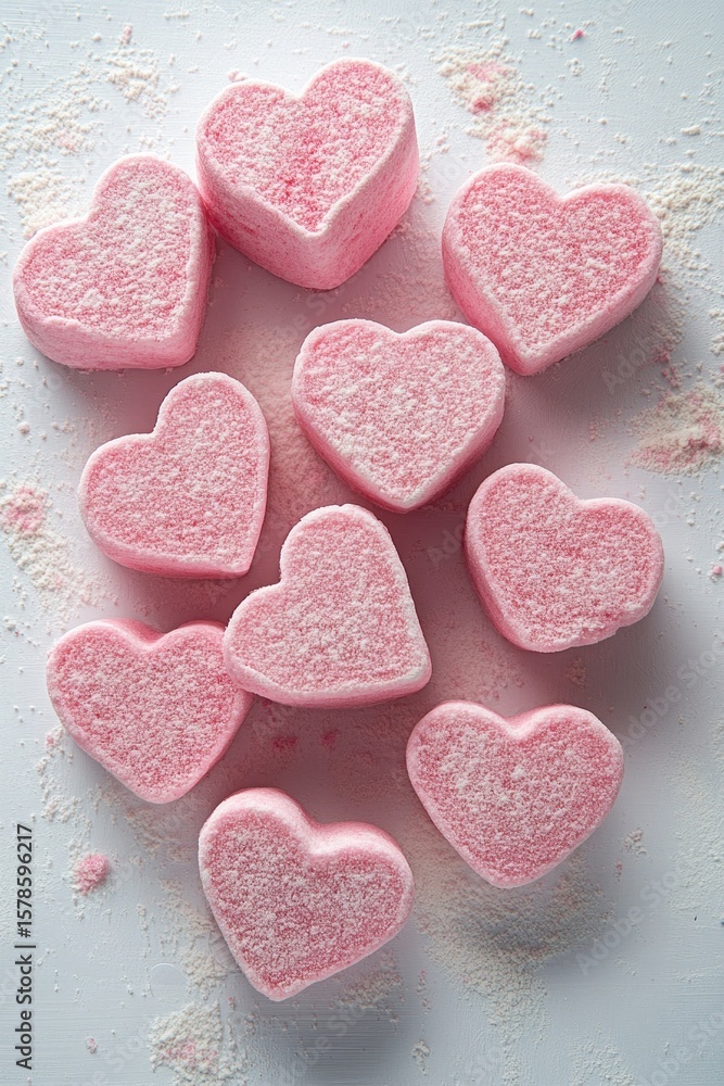 Poster group of heart-shaped pink marshmallows covered in sugar crystals creating a romantic and sweet trea
