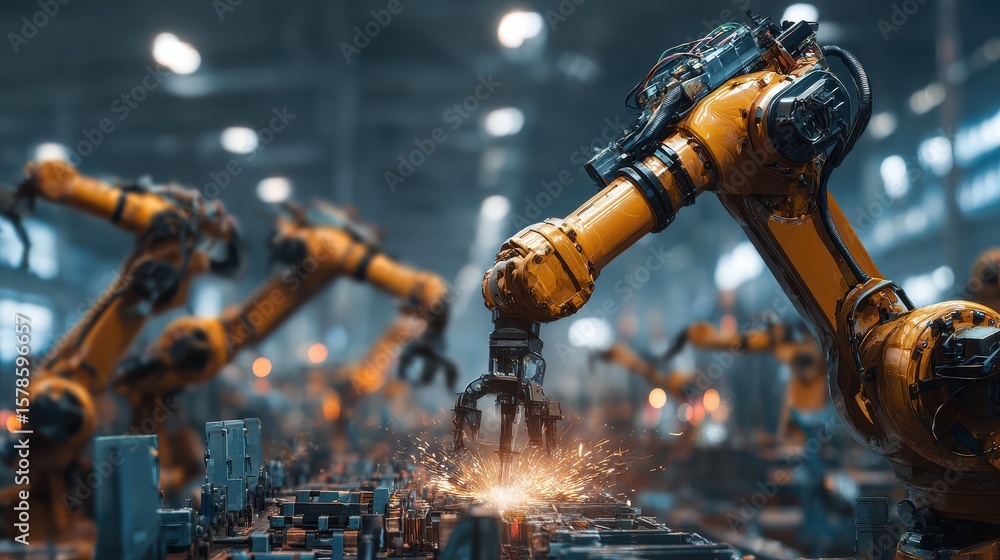 Poster engineer check and control welding robotics automatic arms machine in factory automotive industrial.