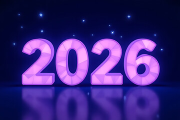 Glowing purple 2026 new year number with reflection on dark background