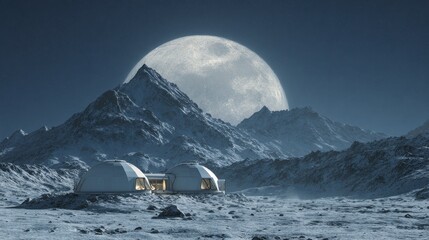 Futuristic Lunar Base Against Majestic Moon Landscape at Night