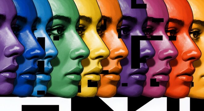 Colorful Faces Diverse Row Artistic Spectrum Profile Illustration
