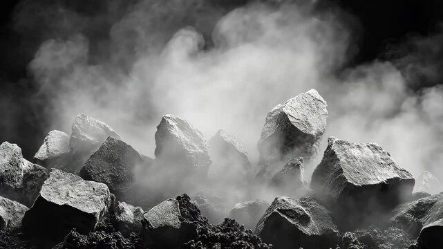 Insitu blasting creates stone fragments and smoke in mining operation, In-situ blasting, blasted stone fragments and smoke, black background with alpha channel