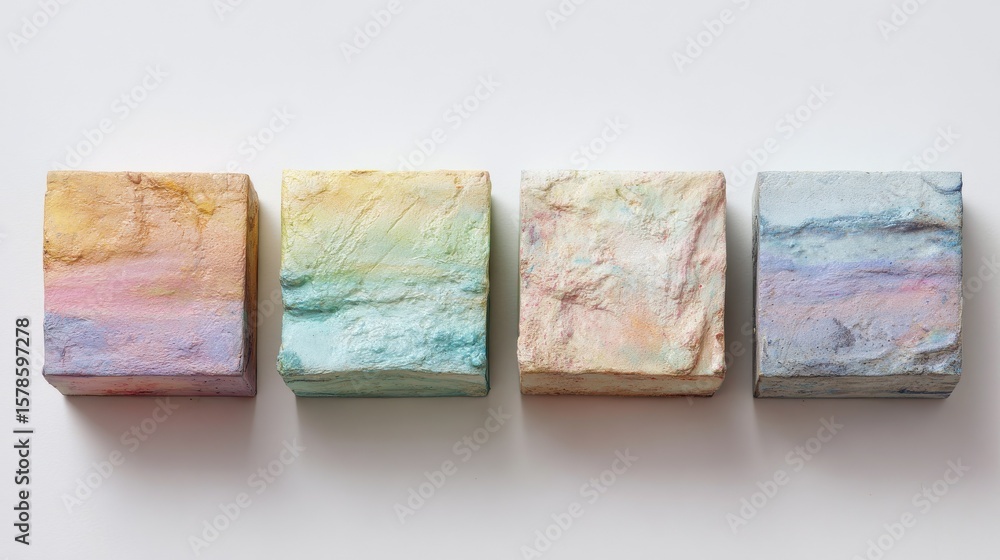 Poster four pastel-colored rectangular blocks arranged in a horizontal row against a plain white background