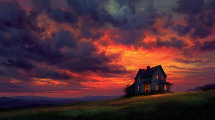 A lonely farmhouse bathed in the warm hues of a fiery sunset.