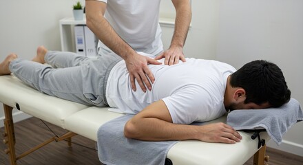 Obraz premium Male Chiropractor Adjusting Patient's Spine on Massage Table in Clinic