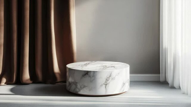 A marble circle table as a focal point in a well-lit living room, showcasing its elegant design and natural patterns.