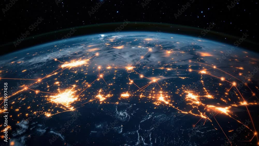 Poster the earth is lit up with a network of lights. the lights are connected to each other and are spread 