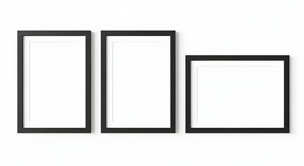 Three Black Empty Photo Frames Mockup on White Wall | Minimalist Modern Home Decor Presentation for Art and Photography