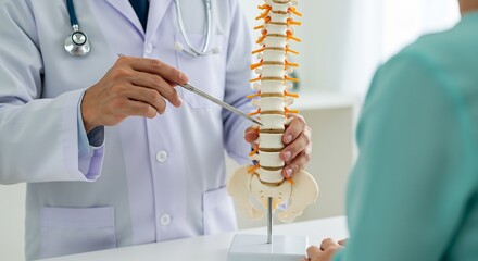 Doctor explaining spine anatomy using anatomical model to patient during consultation