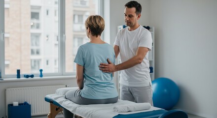 Male Physiotherapist Examining Female Patient's Back During Chiropractic Treatment Session in a Modern Clinic