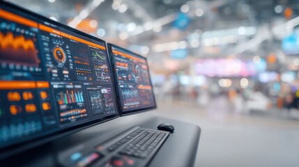 Modern Data Analysis: An array of computer screens display real-time data visualizations and complex information, symbolizing the cutting edge of technological advancement and information processing.