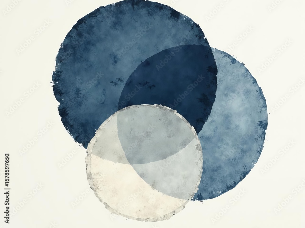Poster abstract balance and harmony concept with overlapping watercolor circles in blue and grey tones on a