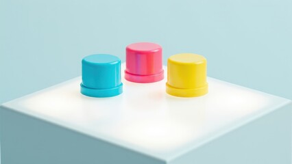 Plastic bottle mockup featuring three identical opaque plastic bottle caps—vibrant blue, coral pink, lemon yellow—triangle on a translucent white acrylic lightbox, beverage packaging template.