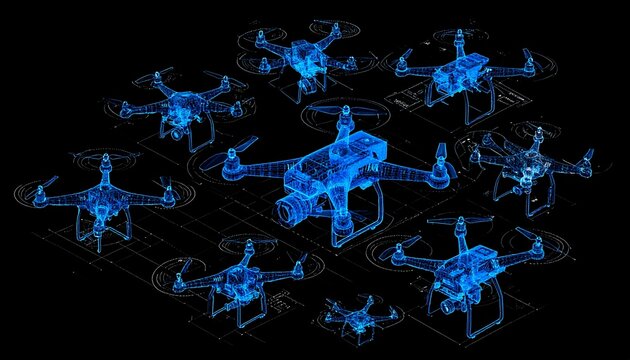 Multiple drones in wireframe, various sizes, on a blueprint background