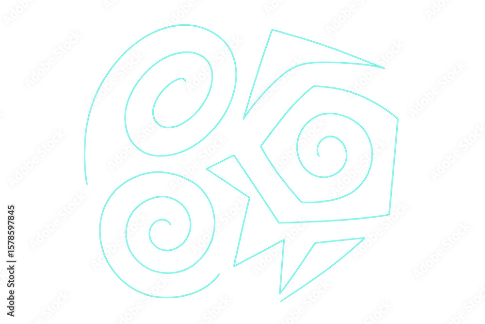 Poster rotating pastel blue spirals and geometric shapes intertwining against transparent backdrop, creatin
