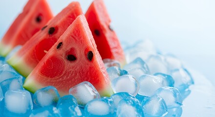 Refreshing Red Watermelon Slices on Cold Ice Cubes Against Blue Background