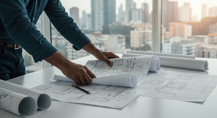 Architect reviews architectural plans against a cityscape backdrop, evaluating design blueprints for building project success.