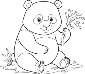 Cute Panda Coloring Page with Bamboo Cartoon Illustration