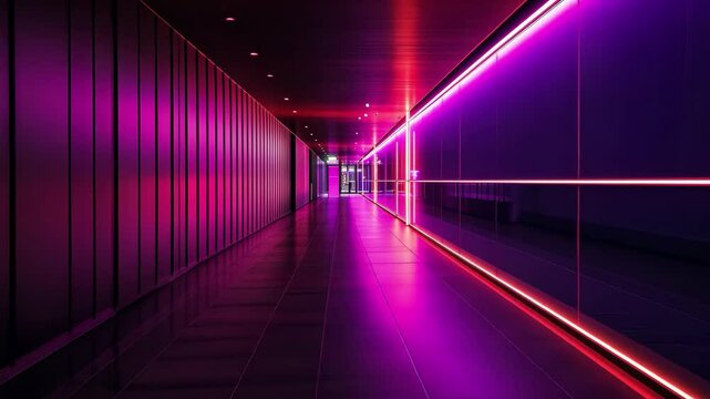 Neon lights enhance a sleek modern corridor in a contemporary interior design space, Neon lights illuminate a dark, modern interior with a long, empty corridor