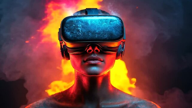 VR headset user surrounded by vibrant energy.