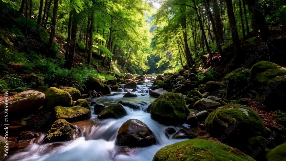 Aufkleber sunlight streams through lush green trees over a rocky riverbed with smooth flowing water in a seren
