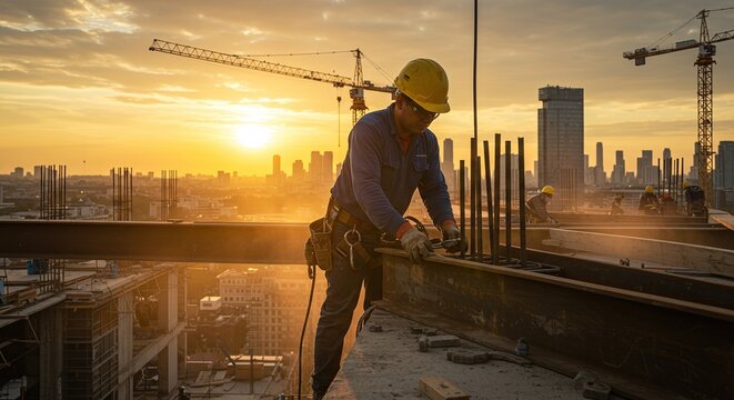 Construction worker at a high altitude working on metal construction against a vibrant sunset in a city skyline. - Powered by Adobe