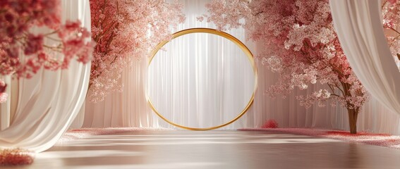 Elegant spring wedding backdrop with cherry blossom trees and a golden circle arch