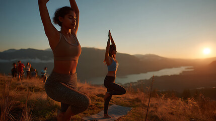 Two Women Practicing Yoga at Sunset on Mountaintop