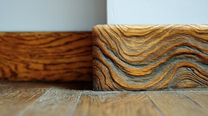 A macro shot of a wood grain detail showcasing a sinuous line running along a baseboard capturing the woods organic beauty before it receives its coat of paint.