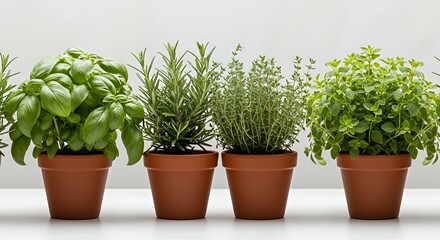Fototapeta premium Potted Green Herbs in Row, Basil, Rosemary, Thyme, Oregano on White Background