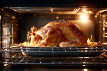 Fototapeta premium Roasting turkey in a home kitchen oven during the holiday season