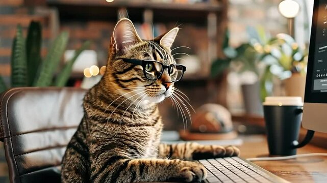 Cat wearing glasses is sitting at a desk in a cozy workspace, typing on a keyboard, surrounded by plants and a warm, inviting atmosphere, showcasing a playful and humorous scene